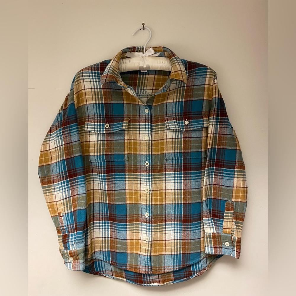 Old Navy Blue and Brown Plaid Boyfriend Shirt